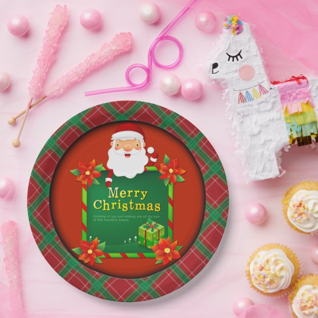 Merry Christmas Santa Tartan Plaid Paper Plates (Party)