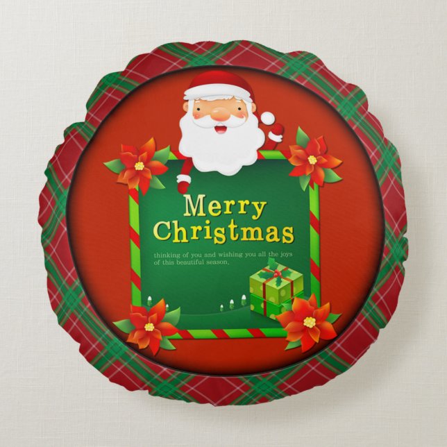 Merry Christmas Santa Tartan Plaid Round Pillow (Front)