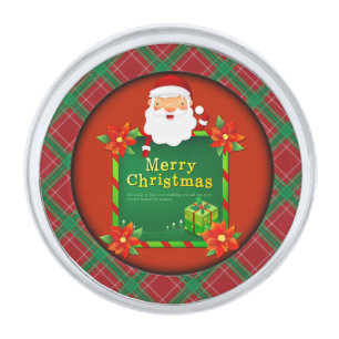 Merry Christmas Santa Tartan Plaid Silver Finish Lapel Pin