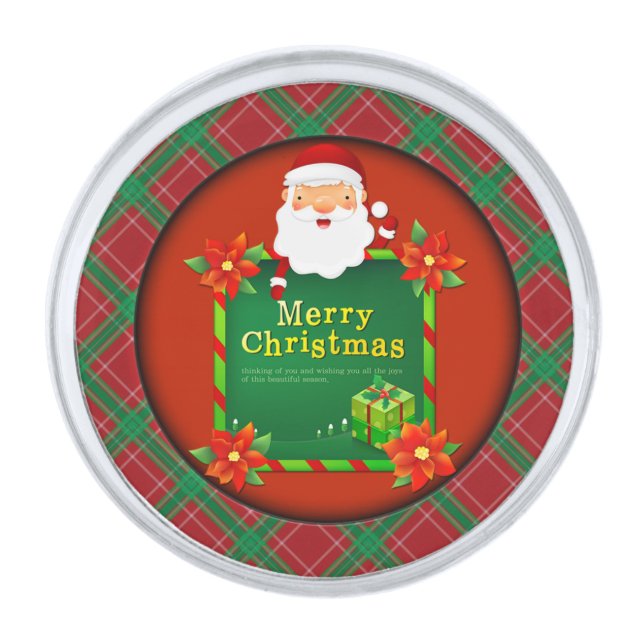 Merry Christmas Santa Tartan Plaid Silver Finish Lapel Pin (Front)
