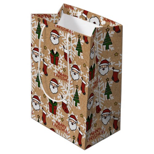 Merry Christmas Santa Themed Kraft Brown Holiday Medium Gift Bag