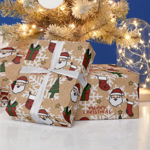 Merry Christmas Santa Themed Kraft Brown Holiday Wrapping Paper