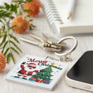 Merry Christmas Santa & Tree Design Keychain