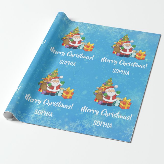 Merry Christmas Santa Tree Gifts Personalize Name Wrapping Paper (Unrolled)