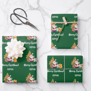 Merry Christmas Santa Tree Gifts Personalize Name Wrapping Paper Sheets