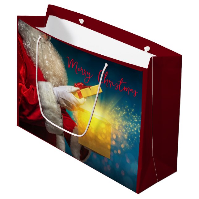 Merry Christmas. Santa with Present Large Gift Bag (Front Angled)