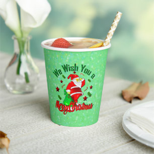 Merry Christmas Santa with Sack Stars Cane Paper Cups