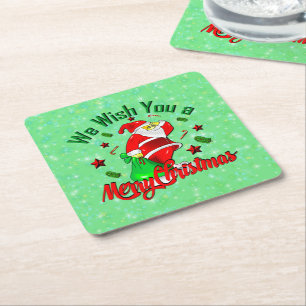 Merry Christmas Santa with Sack Stars Cane Square Paper Coaster