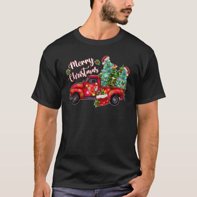 Merry Christmas Santa Xmas Red Truck Farm Christma T-Shirt (Front)