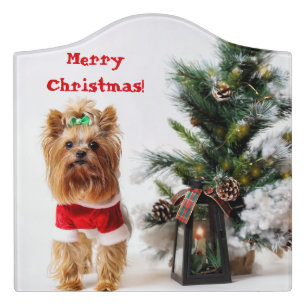 Merry Christmas Santa Yorkie with Christmas Tree Door Sign