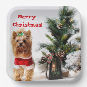 Merry Christmas Santa Yorkie with Christmas Tree Paper Plates
