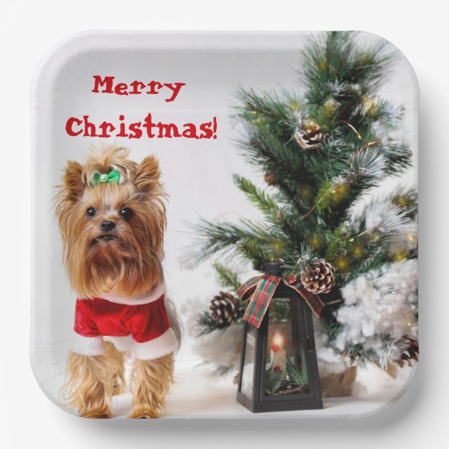 Merry Christmas Santa Yorkie with Christmas Tree Paper Plates (Front)