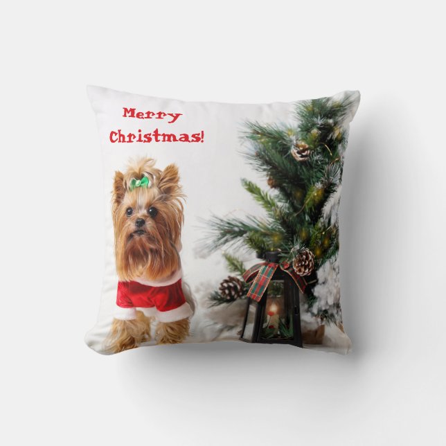 Merry Christmas Santa Yorkie with Christmas Tree Throw Pillow (Front)