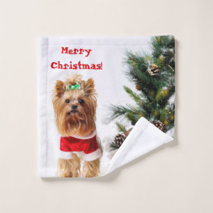 Merry Christmas Santa Yorkie with Christmas Tree Wash Cloth