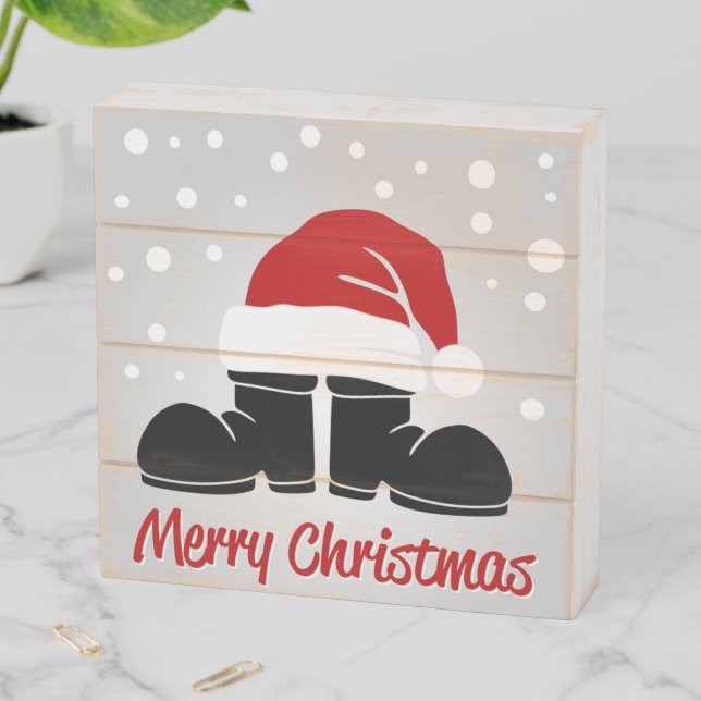 Merry Christmas, Santa's Hat and Boots Wooden Box Sign (In Situ Horizontal)