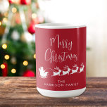 Merry Christmas Santas Reindeer Sleigh Red Coffee Mug<br><div class="desc">Fun seasonal red and white coffee for your Christmas holiday hot drinks featuring a silhouette of reindeers flying Santa's sleigh through air,  "Merry Christmas" in a modern script and your name in simple typography.</div>