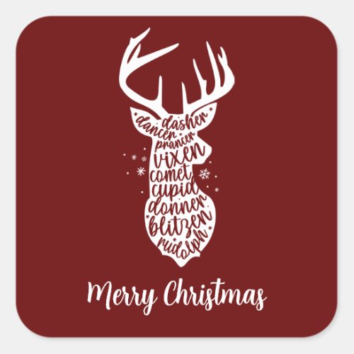 Merry Christmas Santas Reindeers Dark Red Square Sticker