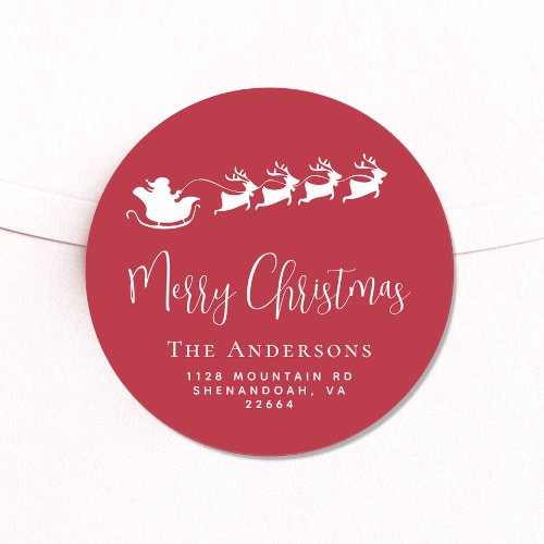 Merry Christmas Santas Sleigh Red Return Address Classic Round Sticker