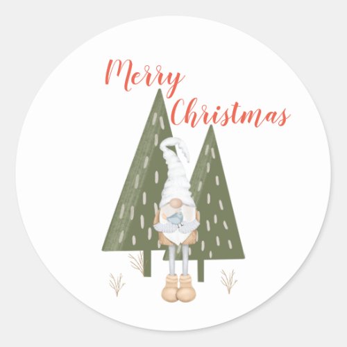 Merry Christmas Scandinavian Gnome Trees Classic Round Sticker