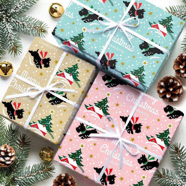 Merry Christmas Scottie Dog Snow Fun Name Wrapping Paper Sheets (Creator Uploaded)