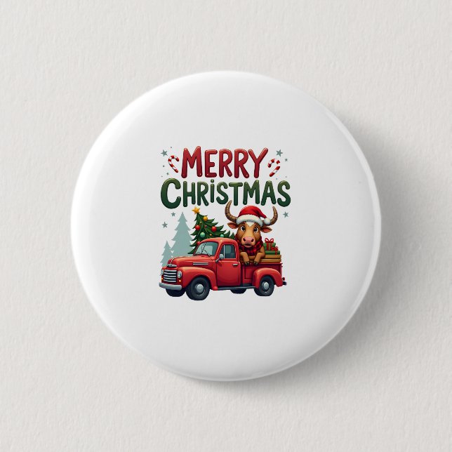 Merry Christmas Scottish Highland Cow Xmas Farm An Button (Front)