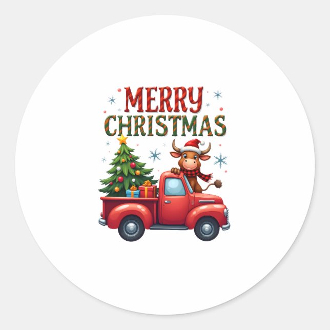 Merry Christmas Scottish Highland Cow Xmas Farm An Classic Round Sticker (Front)