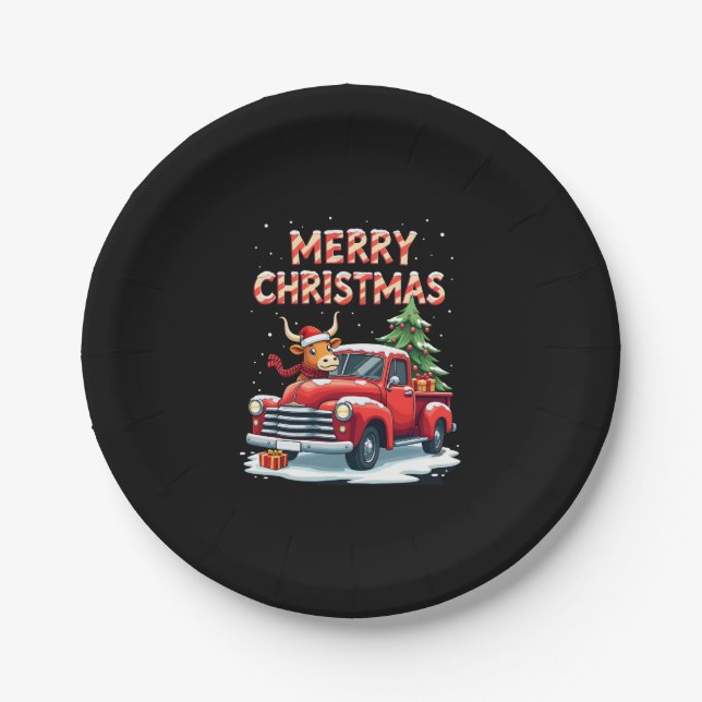 Merry Christmas Scottish Highland Cow Xmas Farm An Paper Plates (Front)