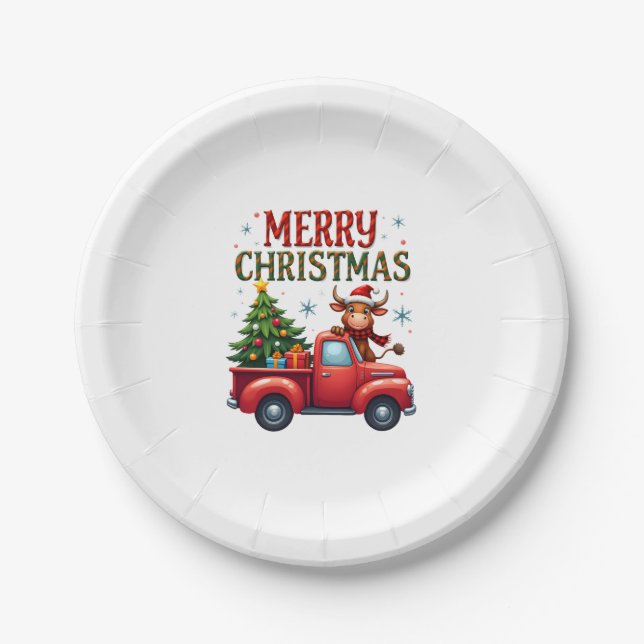 Merry Christmas Scottish Highland Cow Xmas Farm An Paper Plates (Front)