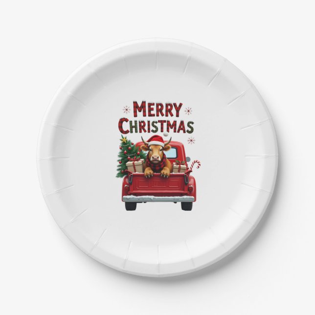 Merry Christmas Scottish Highland Cow Xmas Farm An Paper Plates (Front)