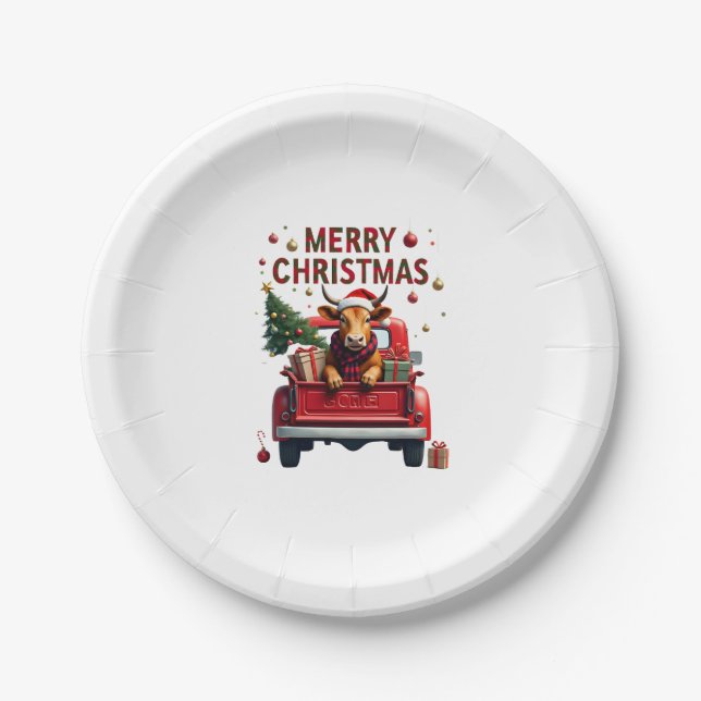 Merry Christmas Scottish Highland Cow Xmas Farm An Paper Plates (Front)