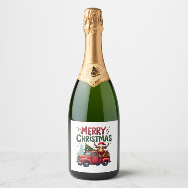 Merry Christmas Scottish Highland Cow Xmas Farm An Sparkling Wine Label (Front)