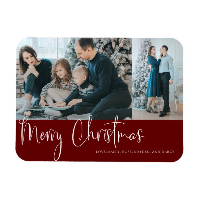 Merry Christmas Script 2 Photo Collage Holiday Red Magnet (Horizontal)