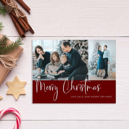 Merry Christmas Script 2 Photo Collage Holiday Red Postcard