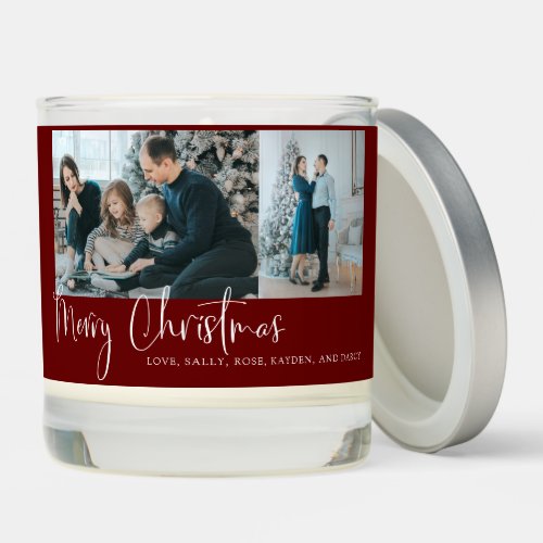 Merry Christmas Script 2 Photo Collage Holiday Red Scented Candle