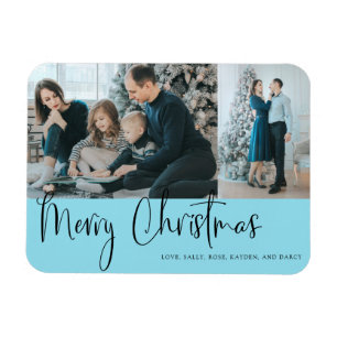 Merry Christmas Script 2 Photo Holiday Blue Magnet