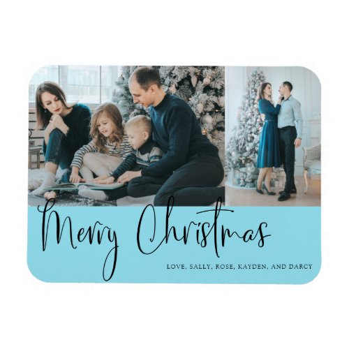 Merry Christmas Script 2 Photo Holiday Blue Magnet