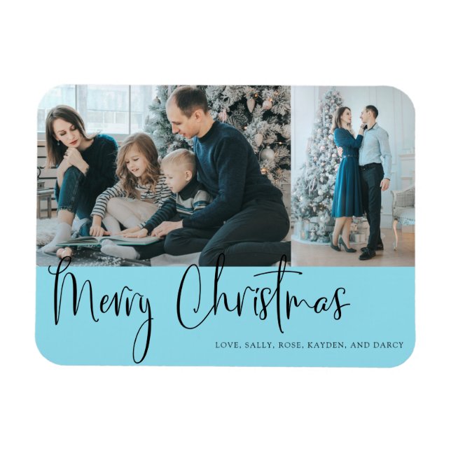 Merry Christmas Script 2 Photo Holiday Blue Magnet (Horizontal)