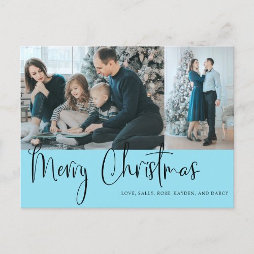 Merry Christmas Script 2 Photo Holiday Blue Postcard