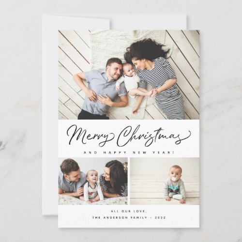 Merry Christmas Script 3 Collage Multi_Photo Holiday Card