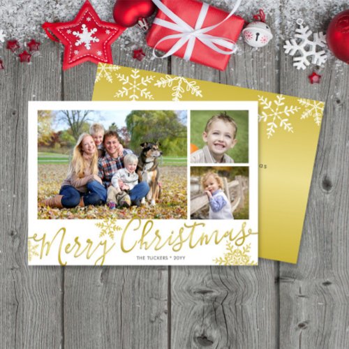 Merry Christmas Script 3_photo Snowflakes on Gold Holiday Card