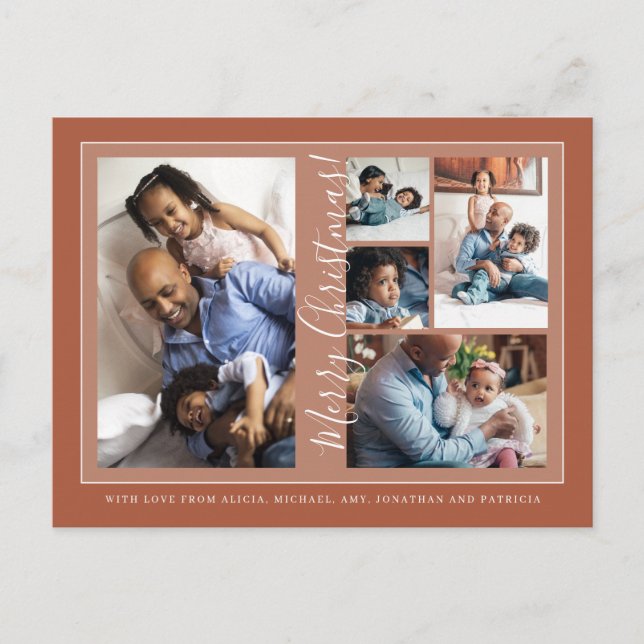 Merry Christmas script 5 photo collage terracotta Holiday Postcard (Front)