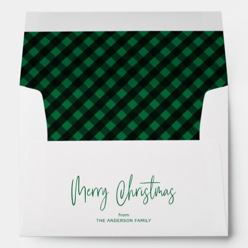 Merry Christmas Script 5x7 Green Buffalo Plaid Envelope