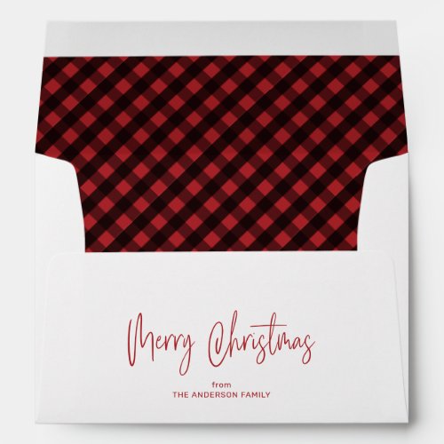 Merry Christmas Script 5x7 Red Buffalo Plaid Envelope
