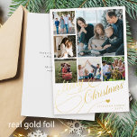 Merry Christmas script 6 photo collage family Foil Holiday Card<br><div class="desc">Elegant luxury Merry Christmas real gold foil classic calligraphy script six family photos simple white holiday card with your custom personalized text on both sides. PLEASE NOTE that the background color is editable. You can change it after selecting CUSTOMIZE option down below the PERSONALIZE IT menu. If you don't feel...</div>