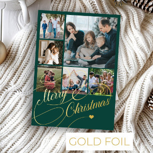 Merry Christmas script 6 photo collage family Foil Holiday Card