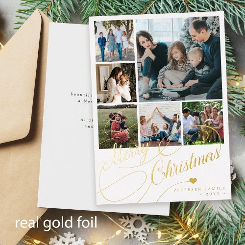 Merry Christmas script 6 photo collage family Foil Holiday Card