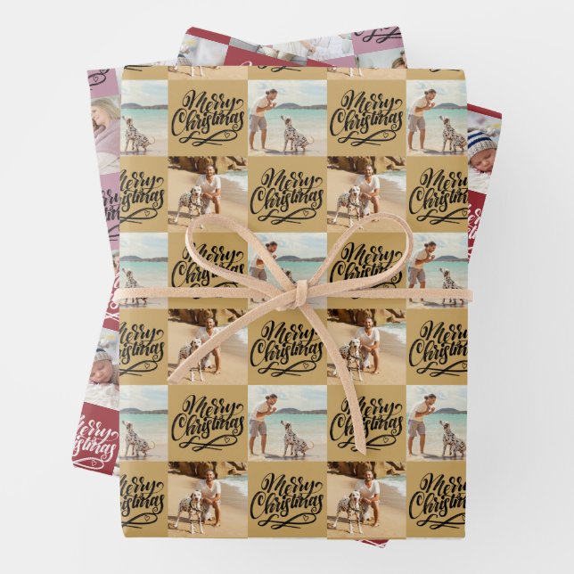 Merry Christmas Script 6 Photo Gold Red Pink Wrapping Paper Sheets (In situ)