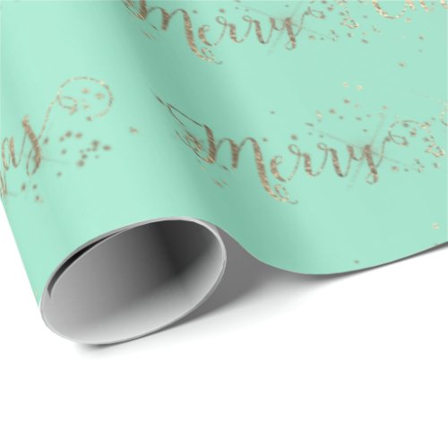 Merry Christmas Script Aqua  Mint Faux Gold Wrapping Paper