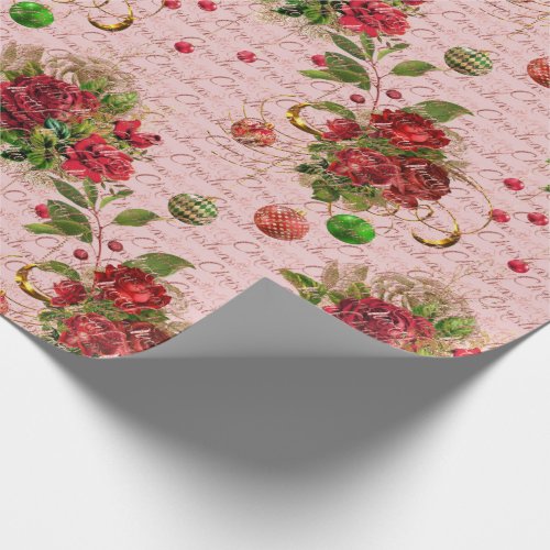 Merry Christmas Script Bauble Gold Pink Rose Red Wrapping Paper