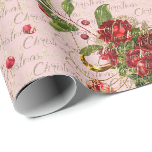 Merry Christmas Script Bauble Gold Pink Roses Wrapping Paper